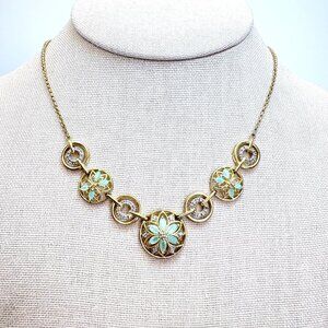 Sterling Silver 925 Pale Green Emerald Flower CZ Circle Link Necklace 17" Length